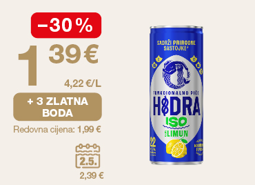 Promotivna grafika prikazuje limenku pića Hidra ISO Limun. S lijeve strane istaknuta je akcijska cijena 1,39 € uz popust od -30 % te cijena po litri 4,22 €/L. Prikazana je i pogodnost „+ 3 zlatna boda”, dok je ispod navedena redovna cijena 1,99 €. Dodatno je prikazana i vremenski ograničena ponuda označena kalendarom (2.5.) s cijenom 2,39 €.