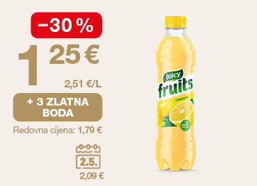 Promotivna grafika prikazuje bocu pića Juicy Fruits limun. S lijeve strane istaknuta je akcijska cijena 1,25 € uz popust od -30 % te cijena po litri 2,51 €/L. Prikazana je i pogodnost „+ 3 zlatna boda”, dok je ispod navedena redovna cijena 1,79 €. Dodatno je prikazana i vremenski ograničena ponuda označena kalendarom (2.5.) s cijenom 2,09 €.