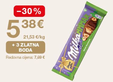 Promotivna grafika prikazuje Milka MMMAX čokoladu s punjenjem (keks i karamela). S lijeve strane istaknuta je akcijska cijena 5,38 € uz popust od -30 % te cijena po kilogramu 21,53 €/kg. Prikazana je i pogodnost „+ 3 zlatna boda”, dok je ispod navedena redovna cijena 7,69 €.