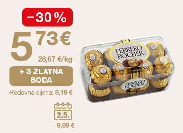 Promotivna grafika prikazuje Ferrero Rocher praline u pakiranju. S lijeve strane istaknuta je akcijska cijena 5,73 € uz popust od -30 % te cijena po kilogramu 28,67 €/kg. Prikazana je i pogodnost „+ 3 zlatna boda”, dok je ispod navedena redovna cijena 8,19 €. Dodatno je prikazana i vremenski ograničena ponuda označena kalendarom (2.5.) s cijenom 9,89 €.