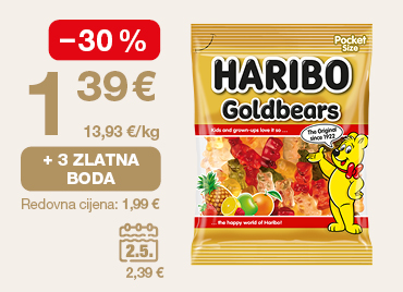 Promotivna grafika prikazuje Haribo Goldbears gumene bombone (pocket pakiranje). S lijeve strane istaknuta je akcijska cijena 1,39 € uz popust od -30 % te cijena po kilogramu 13,93 €/kg. Prikazana je i pogodnost „+ 3 zlatna boda”, dok je ispod navedena redovna cijena 1,99 €. Dodatno je prikazana i vremenski ograničena ponuda označena kalendarom (2.5.) s cijenom 2,39 €.