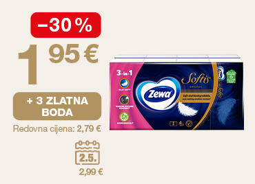 Promotivna grafika prikazuje Zewa Softis papirnate maramice (3-u-1 pakiranje). S lijeve strane istaknuta je akcijska cijena 1,95 € uz popust od -30 %. Prikazana je i pogodnost „+ 3 zlatna boda”, dok je ispod navedena redovna cijena 2,79 €. Dodatno je prikazana i vremenski ograničena ponuda označena kalendarom (2.5.) s cijenom 2,99 €.