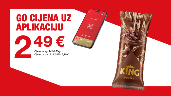 Promotivni banner s crveno-bijelom pozadinom prikazuje čokoladni sladoled “King Double” s desne strane i pametni telefon s aplikacijom u sredini. Velikim slovima istaknuta je ponuda: “GO CIJENA UZ APLIKACIJU 2,49 €”. Manjim tekstom navedeno je: “Cijena za kg: 24,90 €/kg” i “Cijena na dan 2. 5. 2025: 3,79 €”.