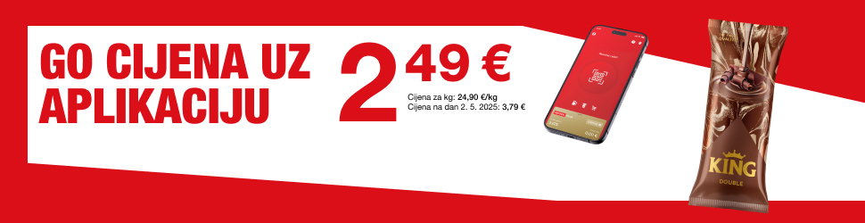Na slici je oglas s crvenom i bijelom pozadinom na kojem je ispisan tekst “GO CIJENA UZ APLIKACIJU 2,49 €”. Uz cijenu je navedeno i “Cijena za kg: 24,90 €/kg; Cijena na dan 2. 5. 2025.: 3,79 €”. Na desnoj strani prikazani su mobilni telefon s otvorenom aplikacijom te sladoled KING DOUBLE LEDO 100 ml u smeđem pakiranju.