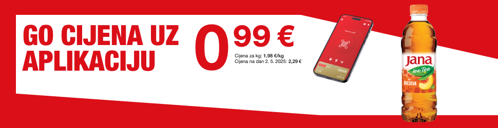Na slici je oglas s crvenom i bijelom pozadinom na kojem je ispisan tekst “GO CIJENA UZ APLIKACIJU 0,99 €”. Uz cijenu je navedeno i “Cijena za kg: 1,98 €/kg; Cijena na dan 2. 5. 2025.: 2,29 €”. Na desnoj strani prikazani su mobilni telefon s otvorenom aplikacijom te boca Jana ledeni čaj od breskve  0,5 l u smeđem pakiranju.