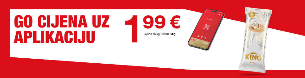 Na slici je oglas s crvenom i bijelom pozadinom na kojem je ispisan tekst “GO CIJENA UZ APLIKACIJU 1,99 €”. Uz cijenu je navedeno i “Cijena za kg: 19,90 €/kg; Na desnoj strani prikazani su mobilni telefon s otvorenom aplikacijom te KING sladoled u bijelo zlatnom pakiranju.