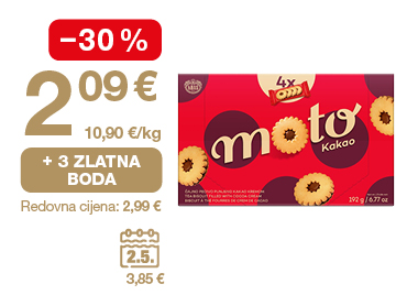 Na slici je ponuda za Moto kekse: cijena 2,09 €, popust od 30 %, 3 zlatna boda i redovna cijena 2,99 €.