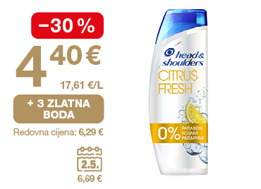 Na slici je ponuda za Head & Shoulders šampon: cijena 4,40 €, popust od 30 %, 3 zlatna boda i redovna cijena 6,29 €.