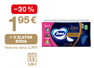 Na slici je ponuda za Zewa Softis maramice: cijena 1,95 €, popust od 30 %, 3 zlatna boda i redovna cijena 2,79 €.