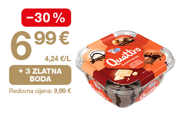 Na slici je ponuda za Quattro sladoled: cijena 6,99 €, popust od 30 %, 3 zlatna boda i redovna cijena 9,99 €.