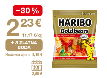 Na slici je ponuda za Haribo Goldbears bombone: cijena 2,23 €, popust od 30 %, 3 zlatna boda i redovna cijena 3,19 €.