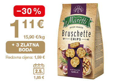 Na slici je ponuda za Maretti bruschette chips: cijena 1,11 €, popust od 30 %, 3 zlatna boda i redovna cijena 1,59 €.