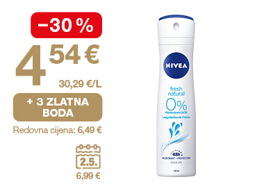 Na slici je ponuda za Nivea dezodorans: cijena 4,54 €, popust od 30 %, 3 zlatna boda i redovna cijena 6,49 €.
