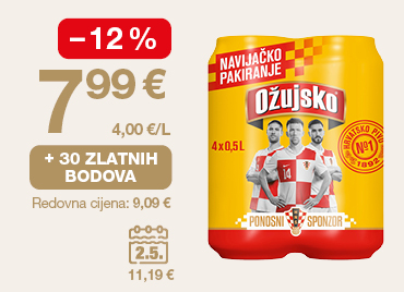 Na slici je ponuda za Ožujsko pivo: cijena 7,99 €, popust od 12 %, 30 zlatnih bodova i redovna cijena 9,09 €.