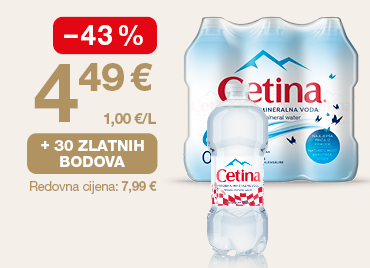 Na slici je ponuda za Cetina mineralnu vodu: cijena 4,49 €, popust od 43 %, 30 zlatnih bodova i redovna cijena 7,99 €.