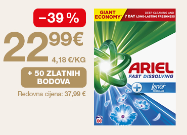 Na slici je ponuda za Ariel deterdžent za rublje: cijena 22,99 €, popust od 39 %, 50 zlatnih bodova i redovna cijena 37,99 €.