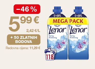 Na slici je ponuda za Lenor omekšivač: cijena 5,99 €, popust od 46 %, 50 zlatnih bodova i redovna cijena 11,29 €.
