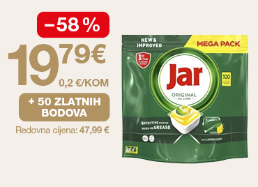 Na slici je ponuda za Jar kapsule za perilicu posuđa: cijena 19,79 €, popust od 58 %, 50 zlatnih bodova i redovna cijena 47,99 €.