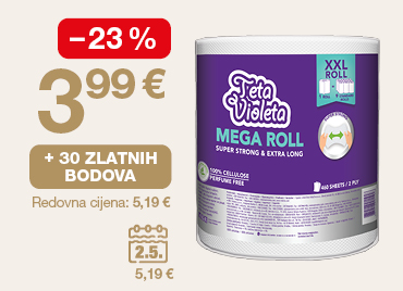 Na slici je ponuda za Teta Violeta Mega Roll papirnate ručnike: cijena 3,99 €, popust od 23 %, 30 zlatnih bodova i redovna cijena 5,19 €.