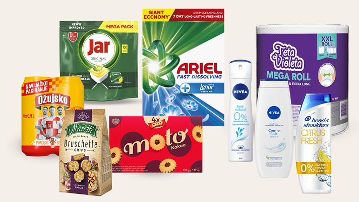 Na slici su prikazani proizvodi: Ožujsko pivo, Jar kapsule, Ariel deterdžent, Teta Violeta papirnati ručnici, Nivea proizvodi, Head & Shoulders šampon, Maretti bruschette chips i Moto keksi.