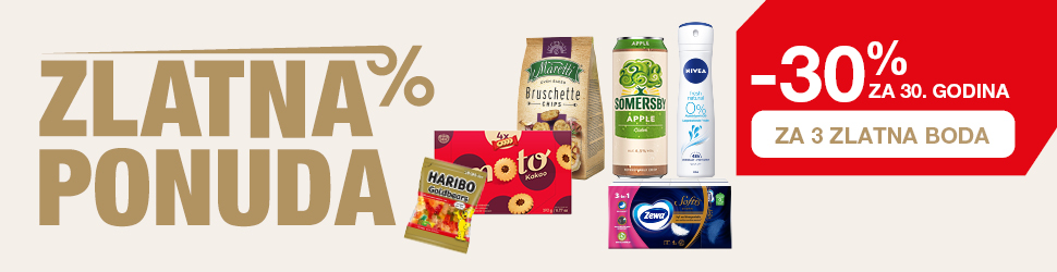 Na banneru se nalazi natpis “Zlatna ponuda”, odabrani proizvodi i ponuda od 30 % popusta za 30 godina za 3 zlatna boda.