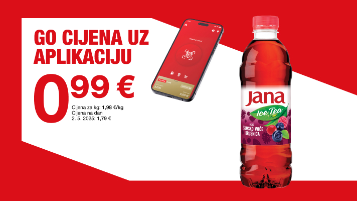 Na slici je promotivni prikaz aplikacije Petrol GO i napitka Jana Ice Tea od šumskog voća i brusnice. Uz proizvod su prikazani mobilni telefon s aplikacijom Petrol GO i posebna GO cijena, što ističe pogodnosti koje korisnici ostvaruju korištenjem aplikacije pri kupnji proizvoda.