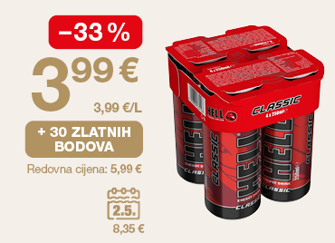 Na slici je pakiranje energetskog napitka Hello Classic. Uz proizvod su prikazani akcijska cijena 3,99 €, popust od −33 %, mogućnost ostvarivanja 30 zlatnih bodova i redovna cijena 5,99 €.