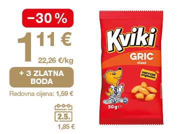 Na slici je pakiranje grickalice Kviki Gric. Uz proizvod su prikazani akcijska cijena 1,11 €, popust od −30 %, mogućnost ostvarivanja 3 zlatna boda i redovna cijena 1,59 €
