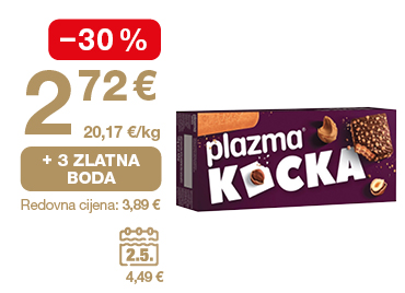 Na slici je pakiranje proizvoda Plazma Kocka. Uz proizvod su prikazani akcijska cijena 2,72 €, popust od −30 %, mogućnost ostvarivanja 3 zlatna boda i redovna cijena 3,89 €.