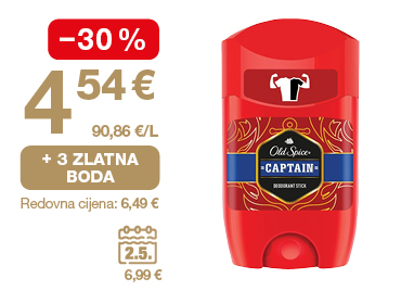 Na slici je deodorans Old Spice Captain Stick. Uz proizvod su prikazani akcijska cijena 4,54 €, popust od −30 %, mogućnost ostvarivanja 3 zlatna boda i redovna cijena 6,49 €.