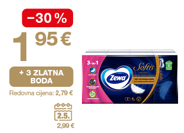 Na slici je pakiranje papirnatih maramica Zewa Softis. Uz proizvod su prikazani podaci o akcijskoj cijeni 1,95 €, popustu od −30 %, mogućnosti ostvarivanja 3 zlatna boda te redovnoj cijeni 2,79 €.