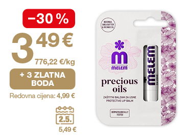 Na slici je zaštitni balzam za usne Melem Precious Oils. Uz proizvod su prikazani podaci o akcijskoj cijeni 3,49 €, popustu od −30 %, mogućnosti ostvarivanja 3 zlatna boda te redovnoj cijeni 4,99 €."