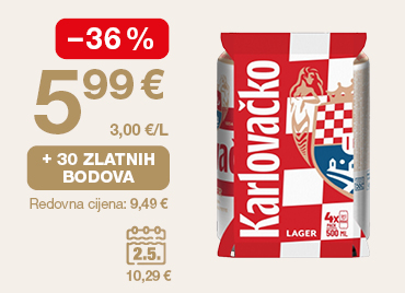 Na slici je limenka piva Karlovačko Lager. Uz proizvod su prikazani podaci o akcijskoj cijeni 5,99 €, popustu od −36 %, mogućnosti ostvarivanja 30 zlatnih bodova te redovnoj cijeni 9,49 €.