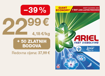 Na slici je pakiranje deterdženta za rublje Ariel Fast Dissolving. Uz proizvod su prikazani podaci o akcijskoj cijeni 22,99 €, popustu od −39 %, mogućnosti ostvarivanja 50 zlatnih bodova te redovnoj cijeni 37,99 €.
