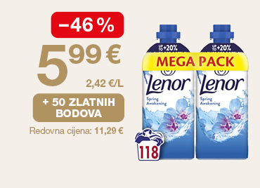 Na slici su dvije boce omekšivača Lenor Spring Awakening Mega Pack. Uz proizvod su prikazani podaci o akcijskoj cijeni 5,99 €, popustu od −46 %, mogućnosti ostvarivanja 50 zlatnih bodova te redovnoj cijeni 11,29 €.