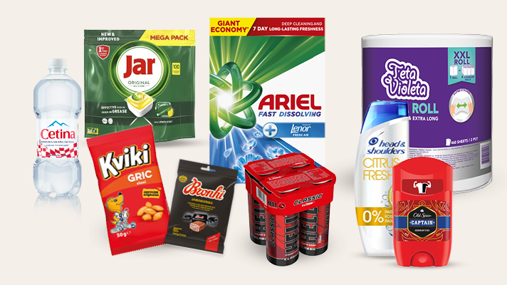 Na slici su proizvodi Cetina prirodna mineralna voda, Jar Original, Ariel Fast Dissolving, Kviki Gric, Bonhi, Hello Classic, Head & Shoulders Citrus Fresh, Old Spice Captain i Violeta Mega Roll na svijetloj pozadini.