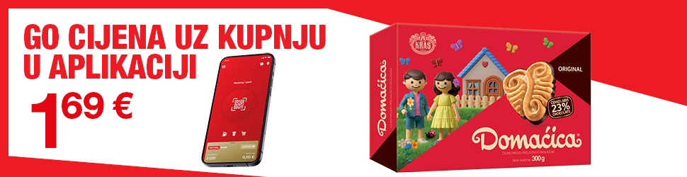 Na slici je promotivni oglas za aplikaciju Petrol GO. Prikazani su mobilni telefon s otvorenom aplikacijom Petrol GO, pakiranje keksa Domaćica Original i cijena 1,69 €. Na lijevoj strani nalazi se tekst »GO CIJENA UZ KUPNJU U APlIKACIJI«.