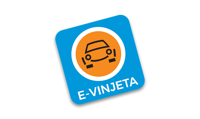 Grafički prikaz e-vinjete na crvenoj pozadini. U središtu se nalazi plava ikona s prikazom automobila u narančastom krugu, ispod koje je bijelim slovima ispisan tekst „E-VINJETA”. Ilustracija simbolizira digitalnu cestarinsku vinjetu za korištenje autocesta.