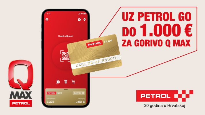Petrol GO aplikacija na mobitelu i Petrol klub kartica uz poruku o nagradi do 1.000 € za gorivo Q Max