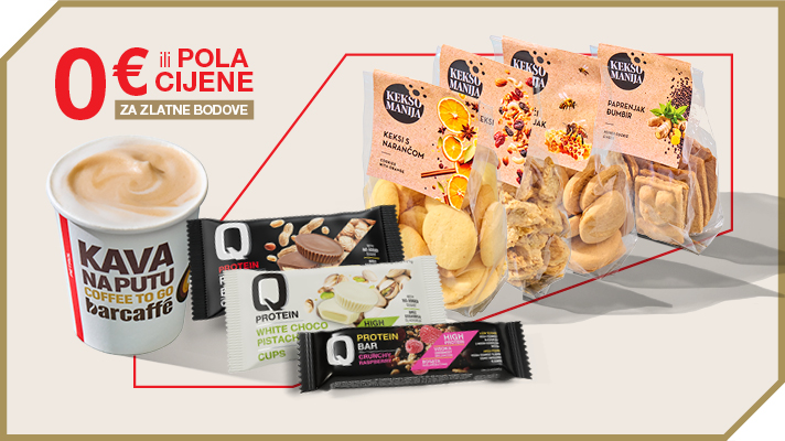 Na slici je kava Kava na poti u čaši za van te izbor keksa i proteinskih čokoladnih pločica s oznakom 0 € ili pola cijene za zlatne bodove.