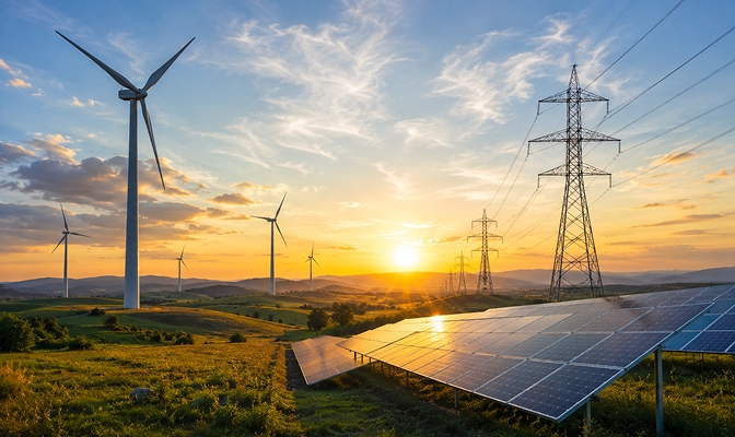 Na slici su solarni paneli postavljeni na travnatoj površini, vjetroturbine i visokonaponski dalekovodi. U pozadini je vidljiv brežuljkasti krajolik, a sunce zalazi iza horizonta osvjetljavajući nebo toplim tonovima.