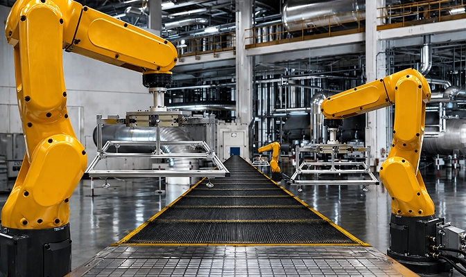 Automatizirana industrijska proizvodna linija s nekoliko žutih robotskih ruku postavljenih uz pokretnu traku. U pozadini se vide metalne konstrukcije, cijevi i ostala industrijska oprema proizvodnog pogona.
