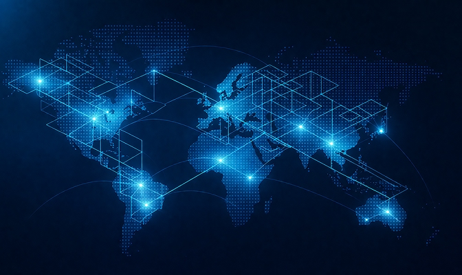 Digitalna karta svijeta u plavim tonovima s istaknutim svjetlećim točkama i linijama koje povezuju različite dijelove svijeta, simbolizirajući globalnu povezanost i međunarodnu mrežu